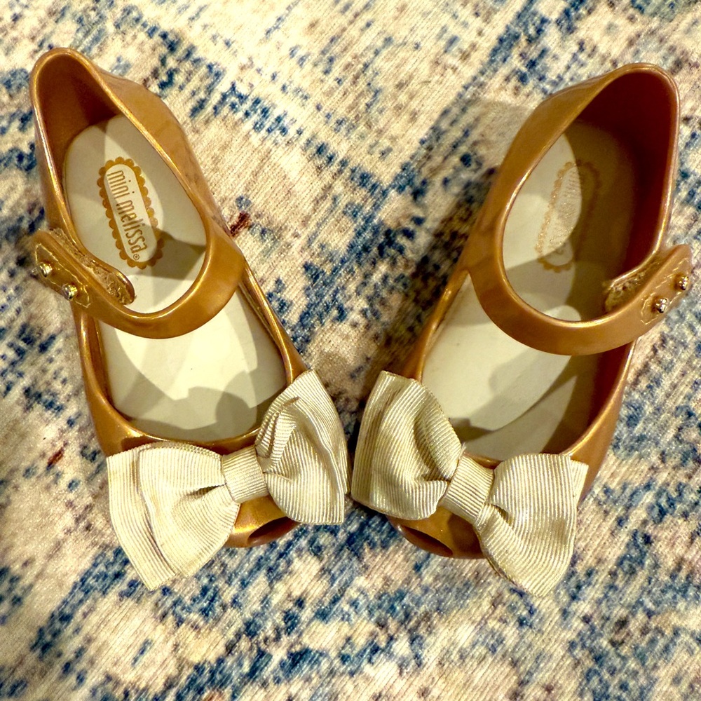 Mini Melissa Bronze Flats with Cream Bow - girls shoes